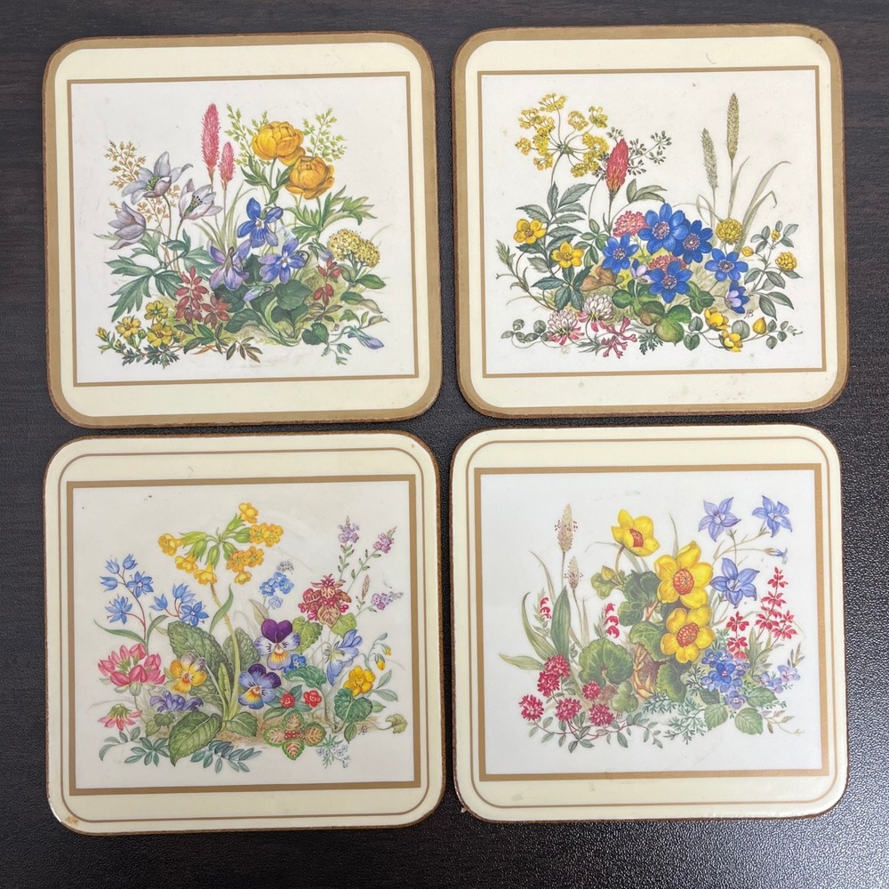 Set of 4 Vintage Pimpernel Floral Coasters Made in England Cork Back‎
